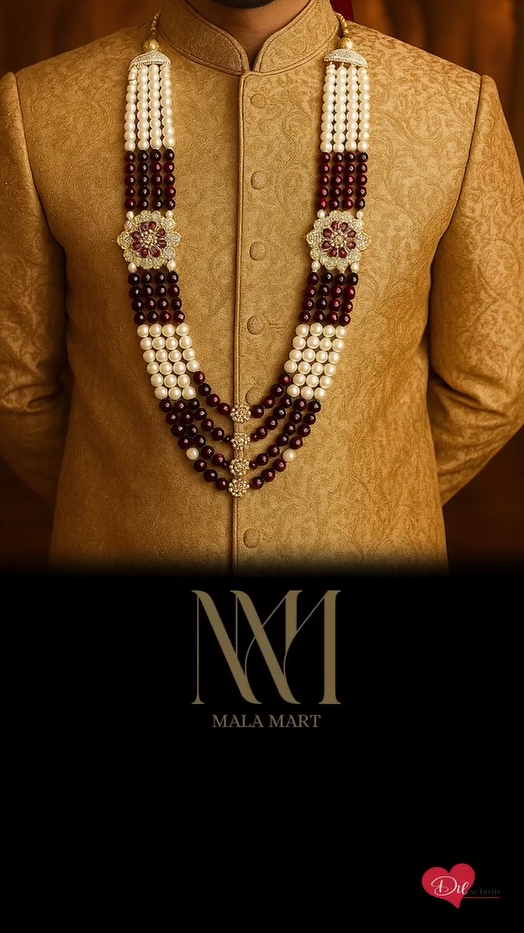 Royal Three-Layer Pearl &Ruby Beaded Groom Mala