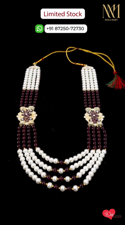 Royal Three-Layer Pearl &Ruby Beaded Groom Mala
