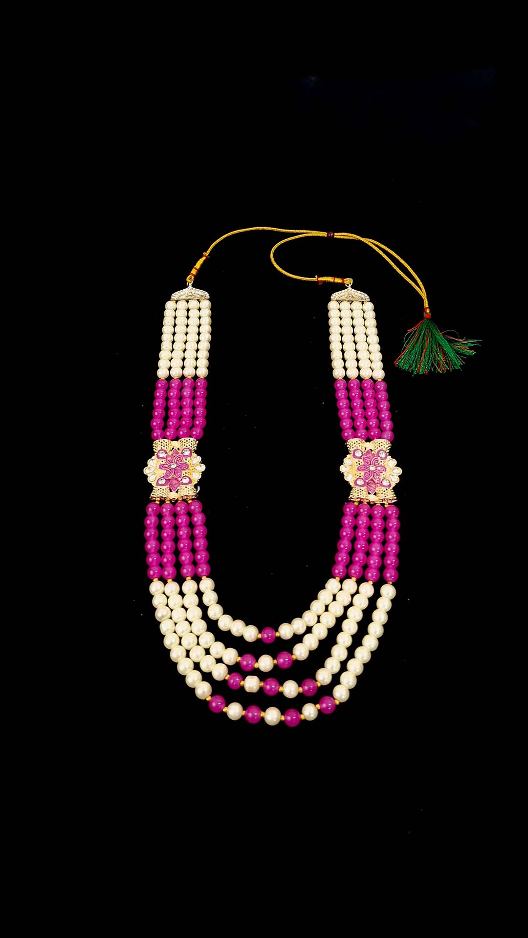Royal Pearl & Magenta Bead Wedding Mala with Dual Floral Brooches