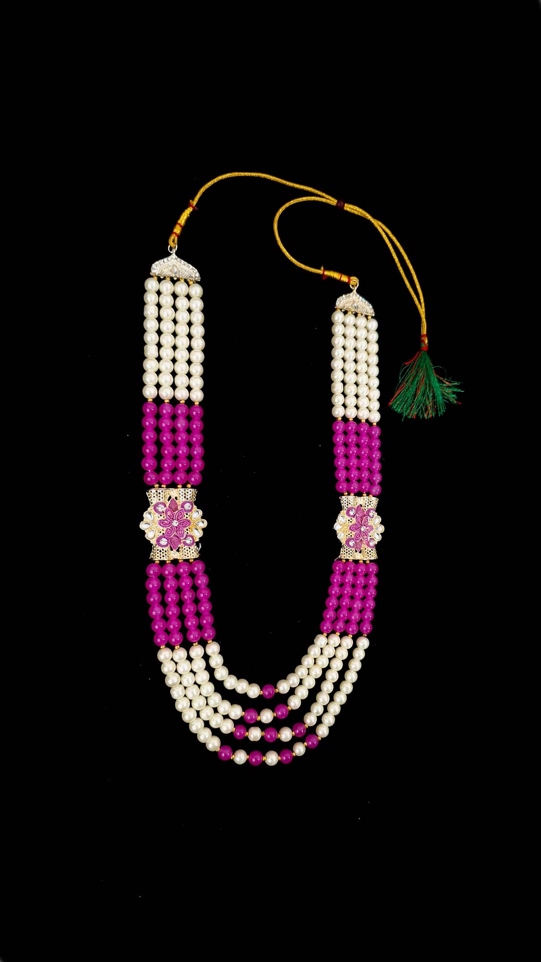 Royal Pearl & Magenta Bead Wedding Mala with Dual Floral Brooches