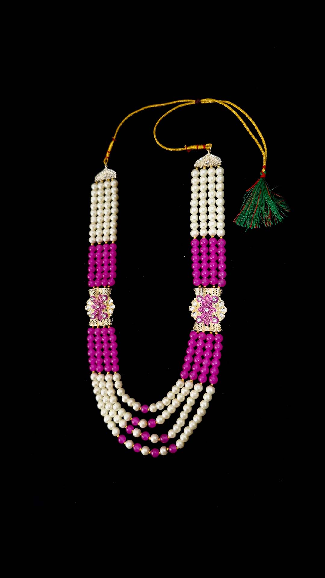 Royal Pearl & Magenta Bead Wedding Mala with Dual Floral Brooches