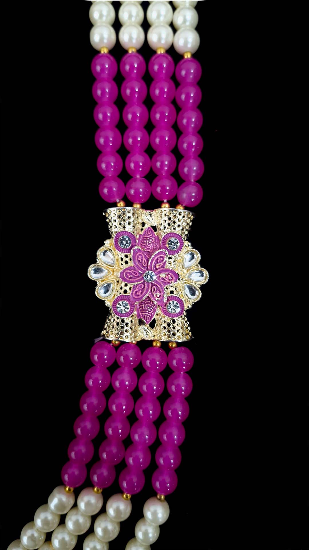 Royal Pearl & Magenta Bead Wedding Mala with Dual Floral Brooches