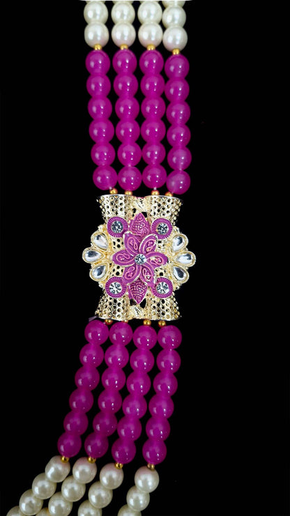 Royal Pearl & Magenta Bead Wedding Mala with Dual Floral Brooches