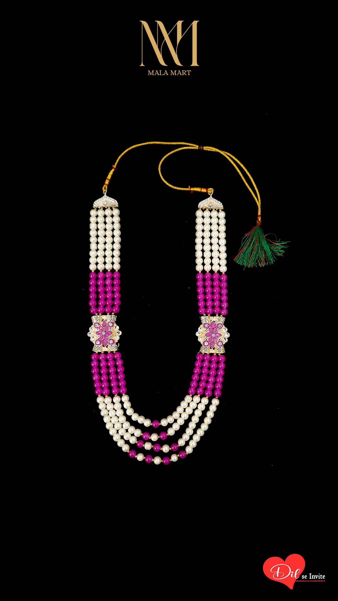 Royal Pearl & Magenta Bead Wedding Mala with Dual Floral Brooches