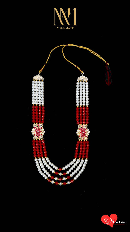 Royal White Pearl & Red Bead Groom Mala