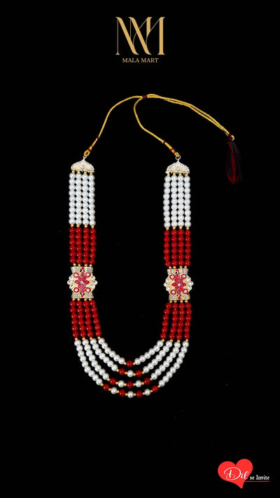Royal White Pearl & Red Bead Groom Mala