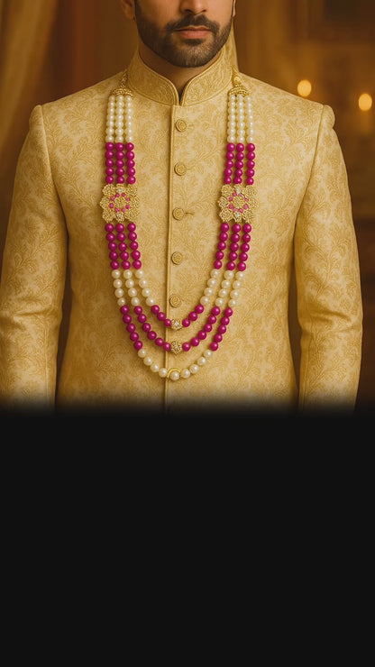 Royal Pearl & Magenta Bead Wedding Mala with Dual Floral Brooches