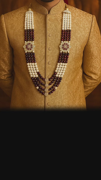 Royal Three-Layer Pearl &Ruby Beaded Groom Mala