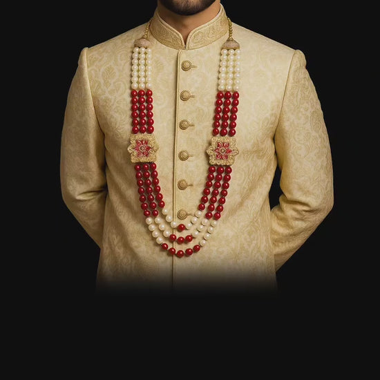 Royal White Pearl & Red Bead Groom Mala