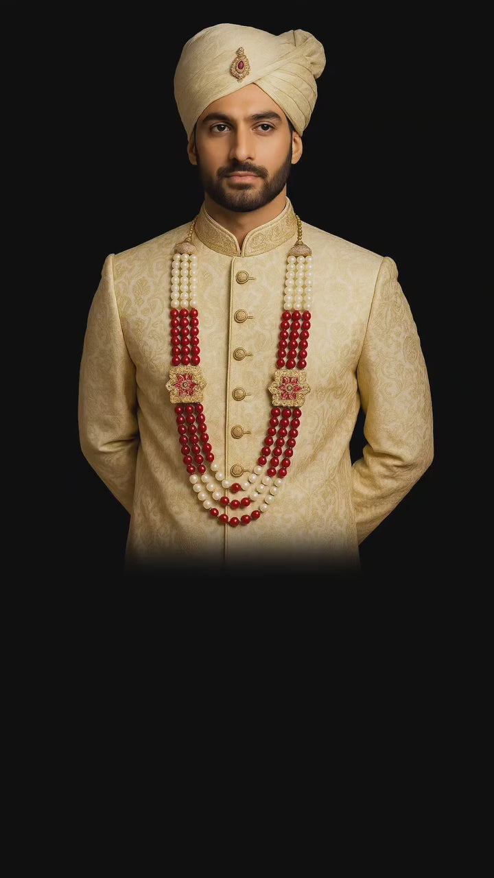 Royal White Pearl & Red Bead Groom Mala